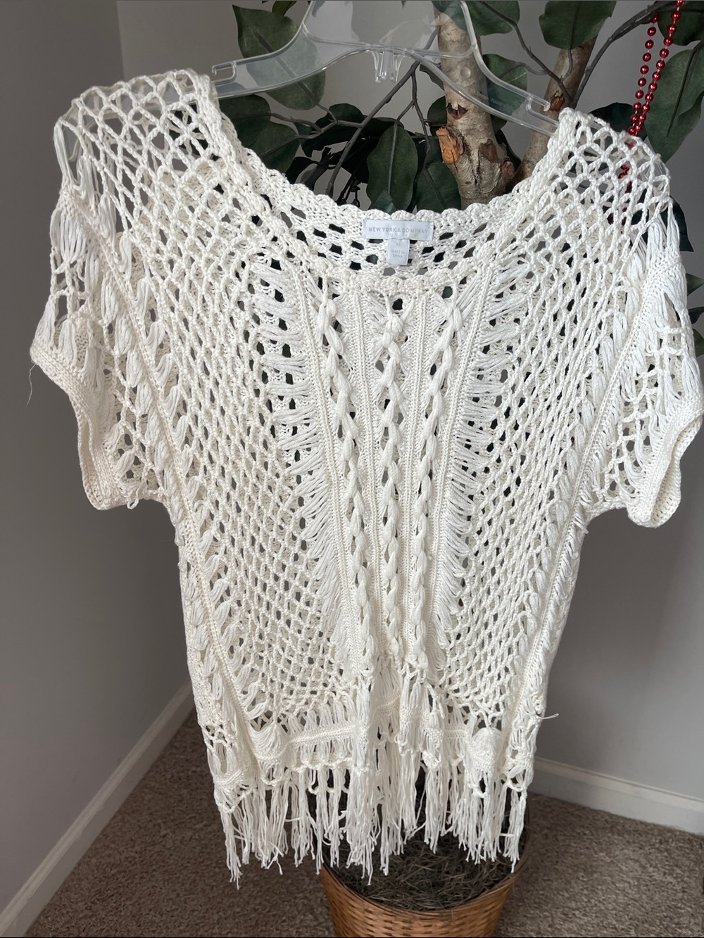 New York & Company Cream Crochet Fringe Knit Top